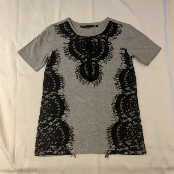 Grey Tshirt with Black Lace, Silvian Heach, Small - Picture 3 of 6